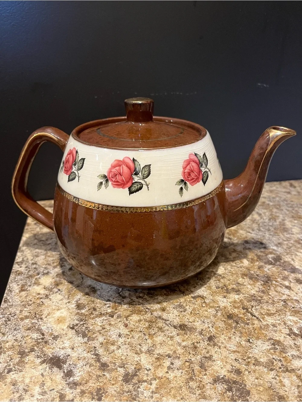 Vintage Arthur Wood Brown Teapot with Pink Rose Band 4.5 Cups